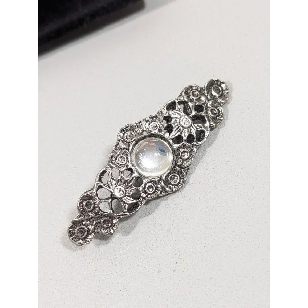 Vintage Victorian Style Floral Bar Brooch Clear Glass Cabochon Pin‎ Silver Tone